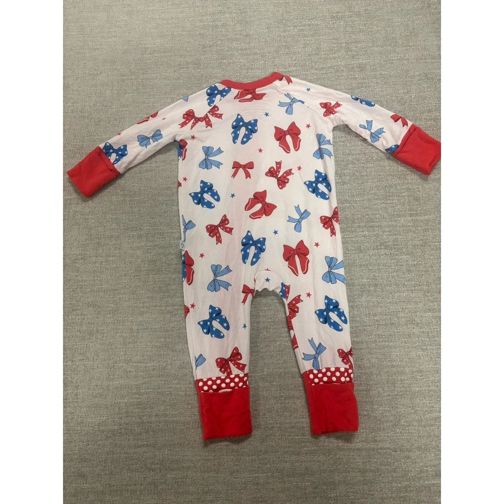 Monkeeroos Red White Blue Bows Bamboo Pajama Zippy Size Newborn NWOT
